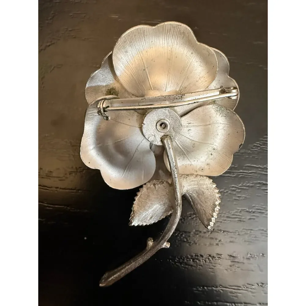 Vintage Silver Tone Rose Flower Brooch Pin Large Floral Statement